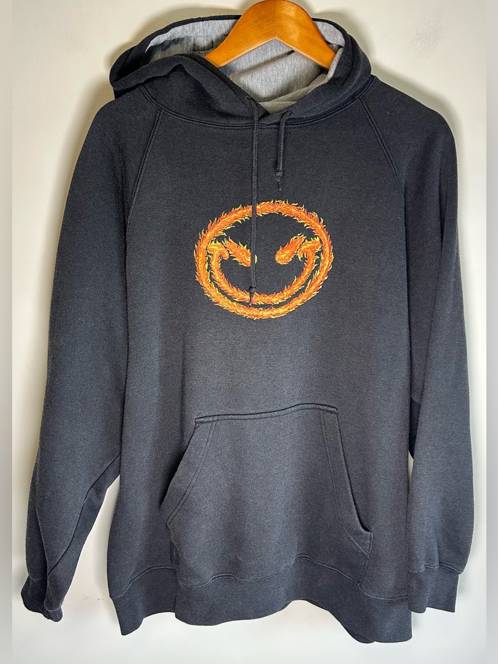 Vintage Y2K Randy River R2 Hardcore Skater Hoodie Sweater Mens L Flame Smiley 🔥